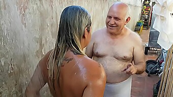 Grandfather Assists Young Beach Acquaintance In Showering!!! Old Man With Golden Cock