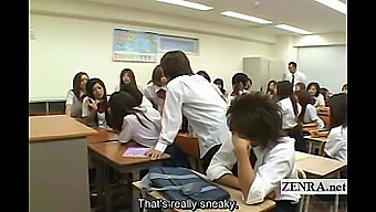 Young Japanese Schoolgirls Undressing In A Playful Classroom Prank