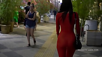 Outdoor Exhibition In A Red Dress Without Underwear