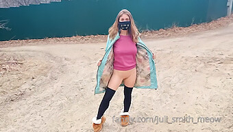 Young European Country Girl Exposes Her Breasts And Genitals By The Construction Site