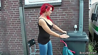 Young redhead seduces stranger outdoors for hardcore sex