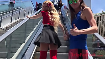 Vegas Strip Stroll With Blonde And Chinese Beauties Revealing Their Sexy Thongs